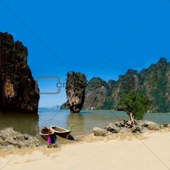 A long tail boats in Maya Bay, Koh Phi Phi Ley, Thailand