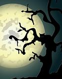 Halloween background with spooky tree and cat 