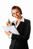 smiling modern business woman with headset and notebook

