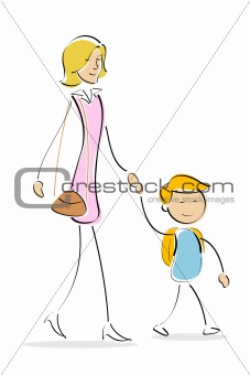mother and son going to school