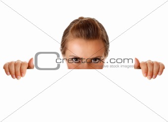 modern business woman holding  blank billboard
