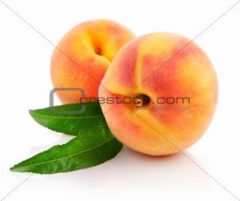 ripe peach fruits with green leaves