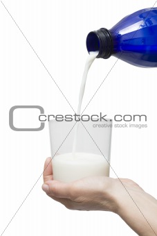 glass of milk in the hand and bottle