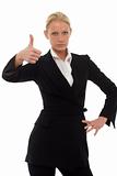 businesswoman with thumb up  wearing a jacket and trousers
