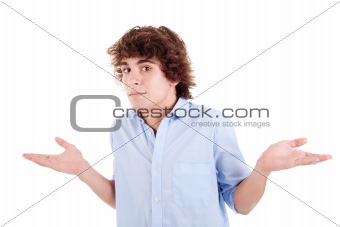 worried young man with open arms, isolated on white, studio shot