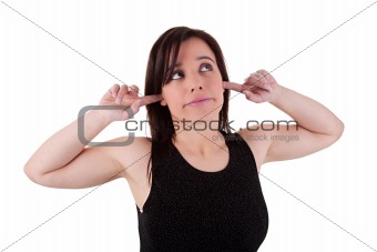 Young woman, holding fingers in her ears, bored