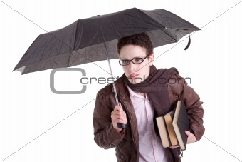 Young boy with an umbrella carrying books, isolated on white, studio shot