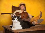 Pretty Western Woman with Guitar and cat