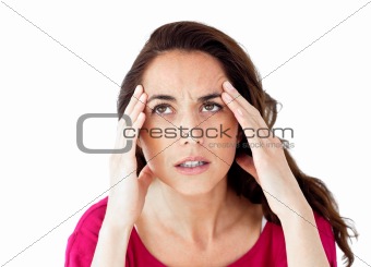 Dejected hispanic woman having a headache