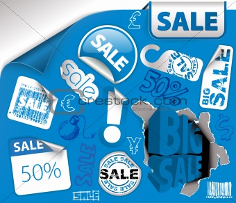 Set of blue discount tickets, labels