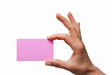 hand holding a pink blank business card