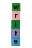 write in text on toy blocks