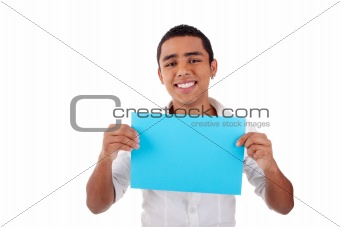 young latin man, with blue  card in hand, smiling, isolated on white background. Studio shot.
