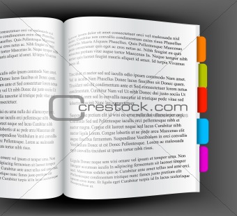Open book with colorful bookmarks