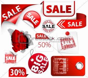 Set of red discount tickets, labels, stamps