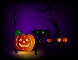 Halloween scene with black cat and tree. Vector