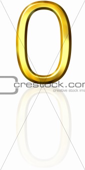 3d golden number 0 with reflection