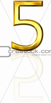 3d golden number 5 with reflection