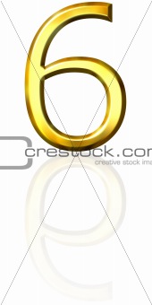 3d golden number 6 with reflection