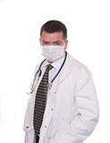 Doctor with face mask looks intently at camera