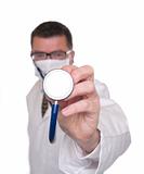Doctor points stethoscope at camera