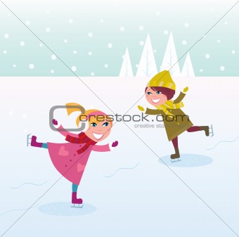 Winter: Ice skating little girl and boy