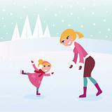 Ice skating girl with her mother on sport stadium