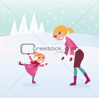 Ice skating girl with her mother on sport stadium