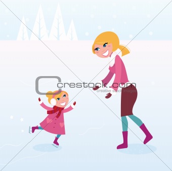 Christmas ice skating: Mother and daughter on ice
