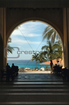 View of ocean through archway
