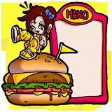 a little girl and an hamburger who will eaten with greendiness