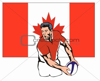 Rugby player passing the ball with canadian flag