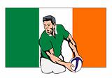 Rugby player passing the ball with Irish flag