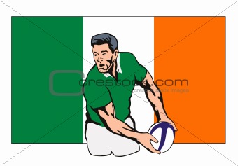 Rugby player passing the ball with Irish flag