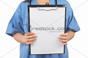 Female doctor showing a clipboard