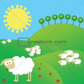 Summer landscape with white sheeps