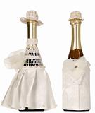Two champagne bottles dressed with fabric