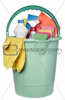 Bucket filled with cleaning industry tools