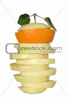 Apple in peaces with one orange fruit slice