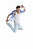 High fly man jumping denim fashion jeans on white