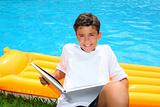 boy student teen vacation homework pool float