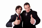 two young businessmen giving consent, with thumb up