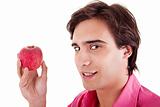 man eating a red apple