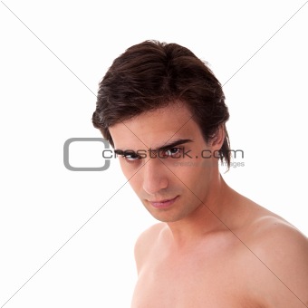 Portrait of a handsome young man in topless