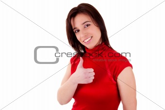 Young pretty women with thumb raised as a sign of success, thumbs up
