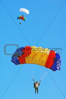 Parachutists in the blue sky