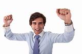 Portrait of a very happy  businessman with his arms raised