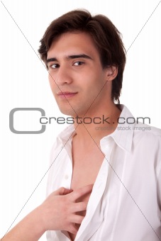 hand of a woman inside the shirt of a handsome young businessman