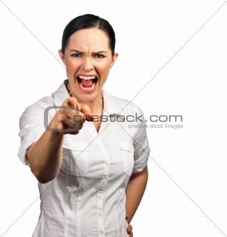 Angry business woman pointing her finger and screaming