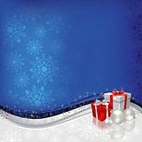 christmas greeting gifts with balls on blue background